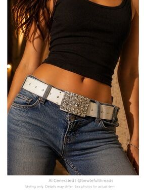 Y2K Rhinestone Statement Belt White Leather 90s 2000s Glam